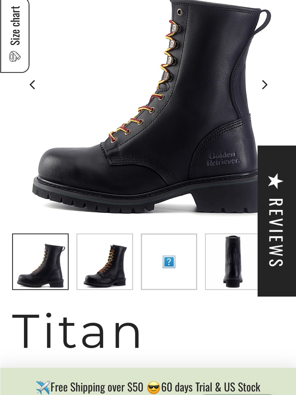 Golden retriever Titan Black Leather Lace-Up Boot Sz 8.5 Wide